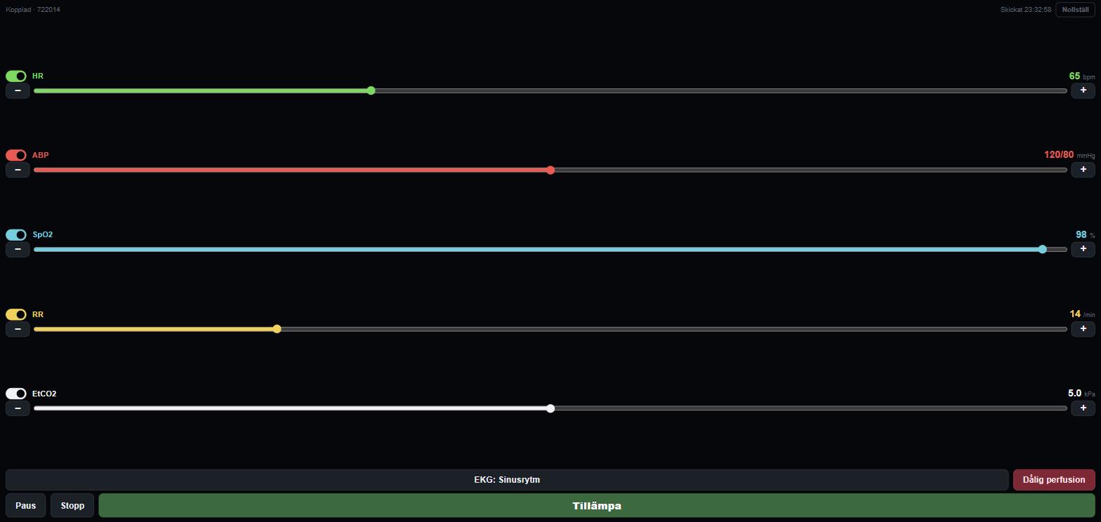 patientmonitorsimulator controller on an iPhone, showing sliders for heart rate, blood pressure, SpO2 and respiration